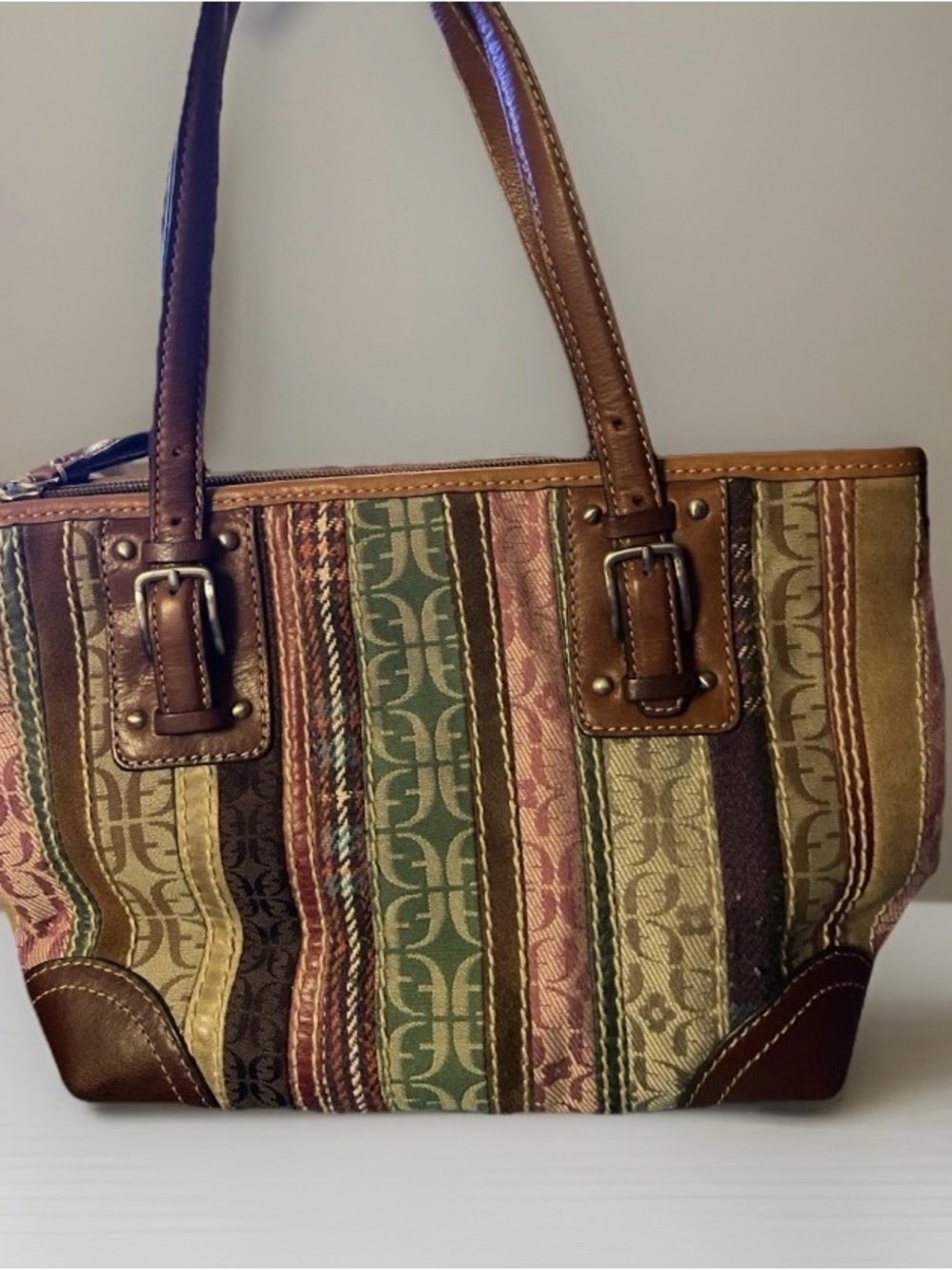 Striped Multicolor Hand Bag with Brown Leather Trim and Buckle Accent